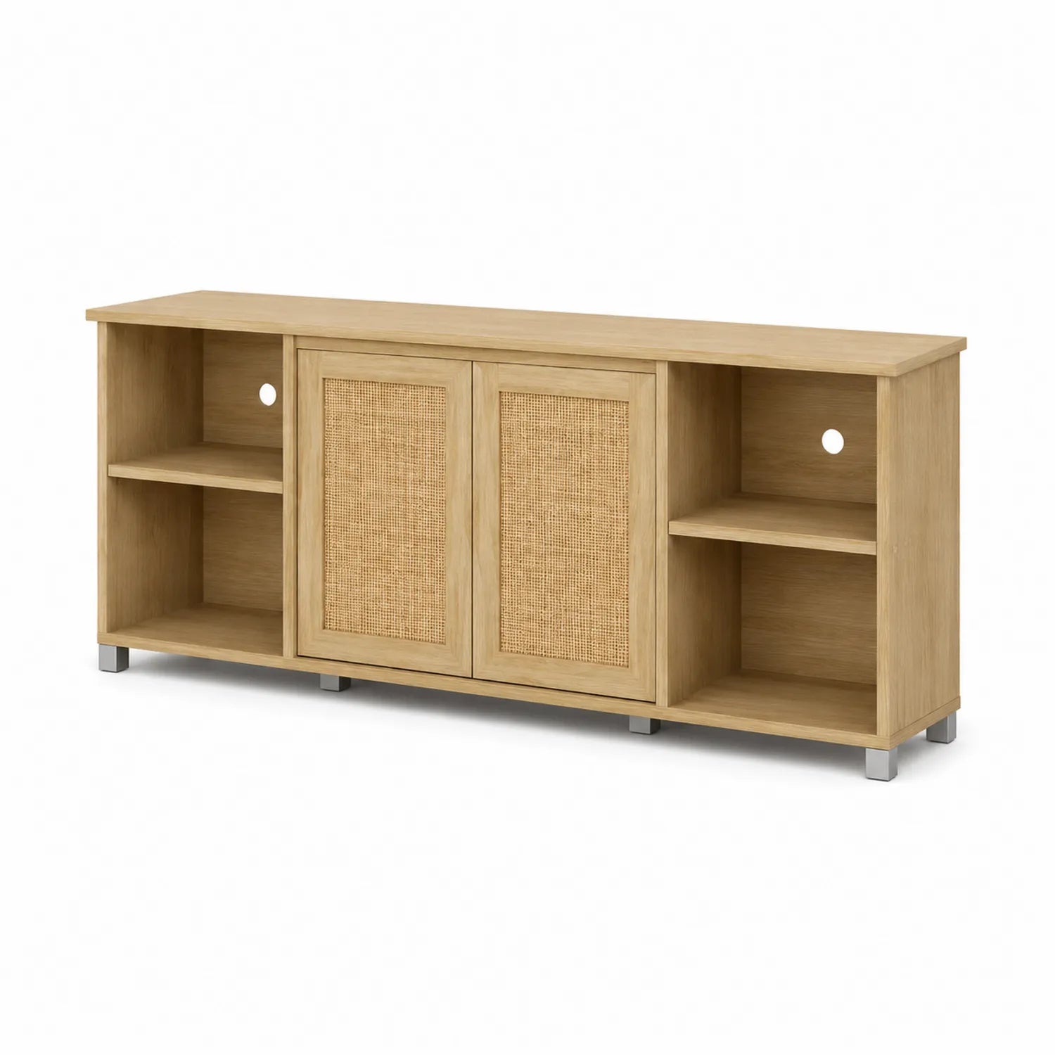 TV-Schrank aus MDF mit Eichenfurnier und Rattan-Schiebetüren