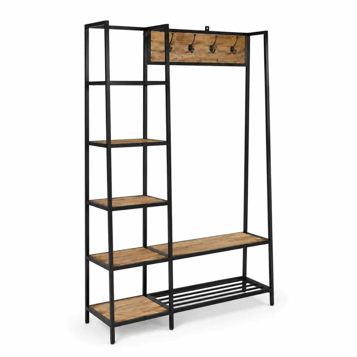 Garderobe mit Holzregalen und Stahlrahmen, 180 cm
