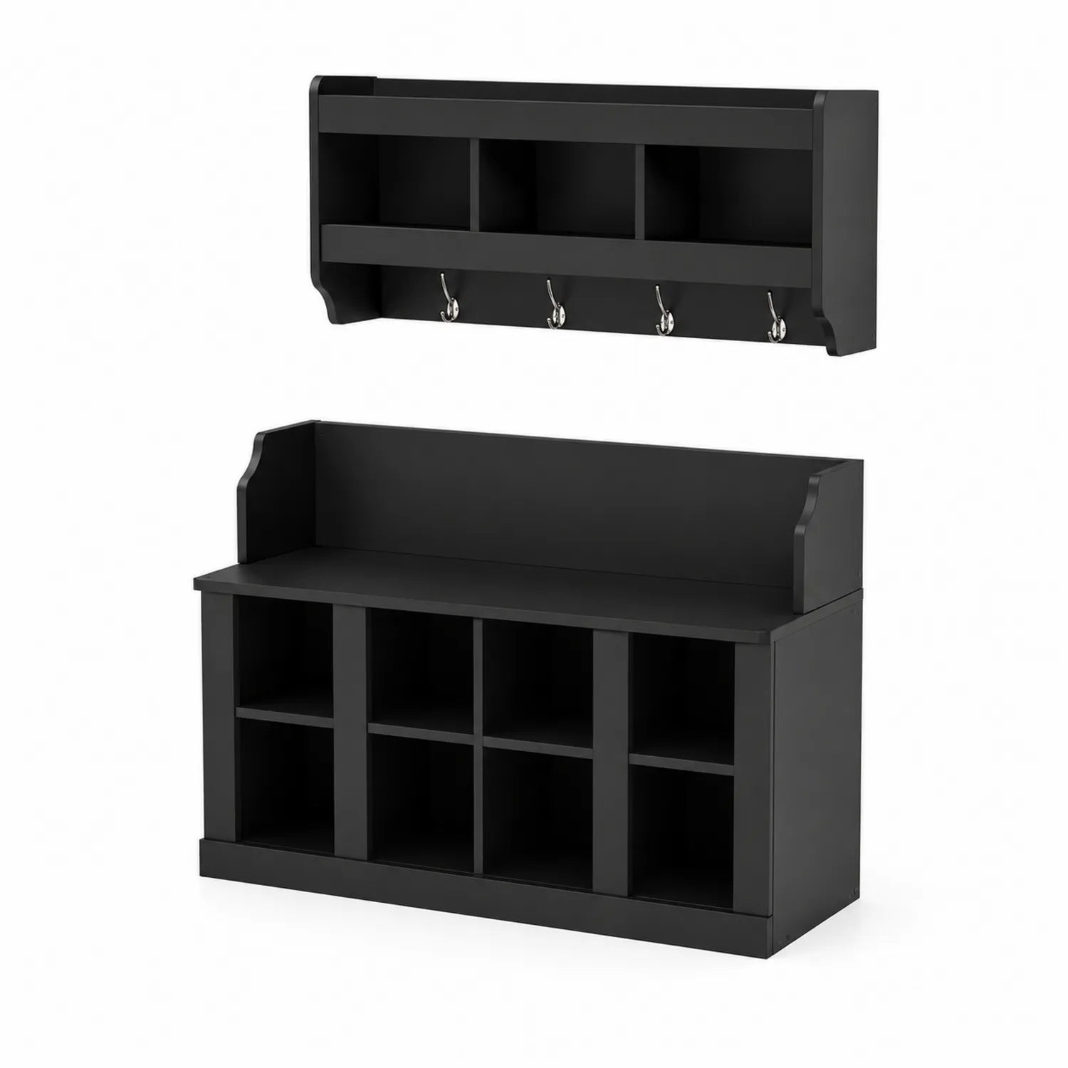 Schwarzes Holz-Flurmöbelset mit Regal und Bank, 6 Fächer