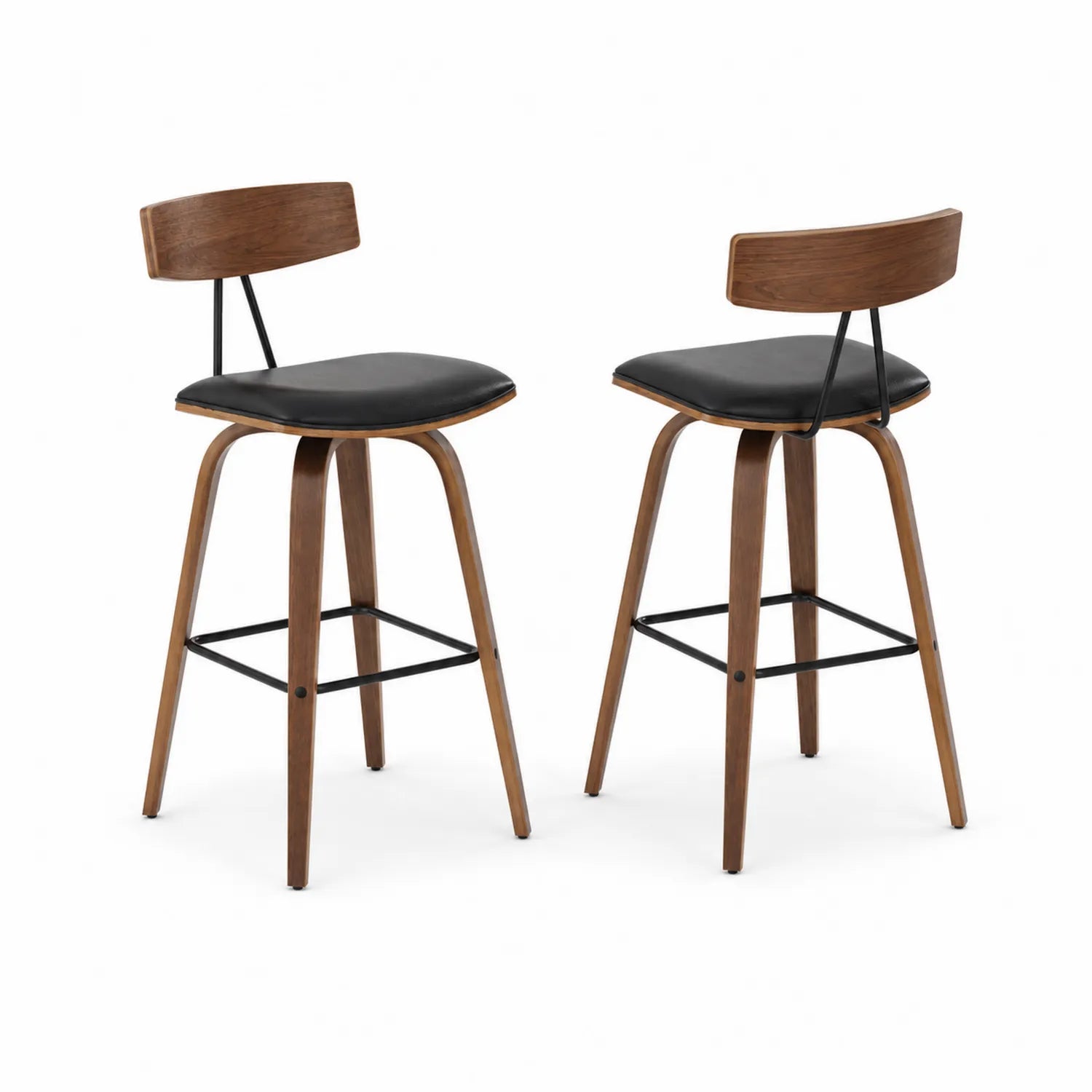 2er Set Barhocker aus Walnussholz mit schwarzem Kunstleder, 100cm Höhe